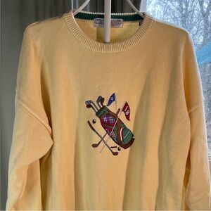 John Ashford Yellow Crewneck Sweater with Golf Motif, 100% Cotton, Men’s Large